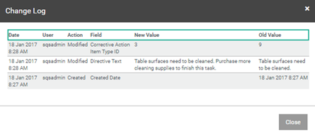 Change Log for Action Items