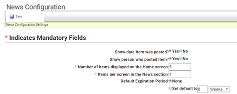 News Configuration Screen